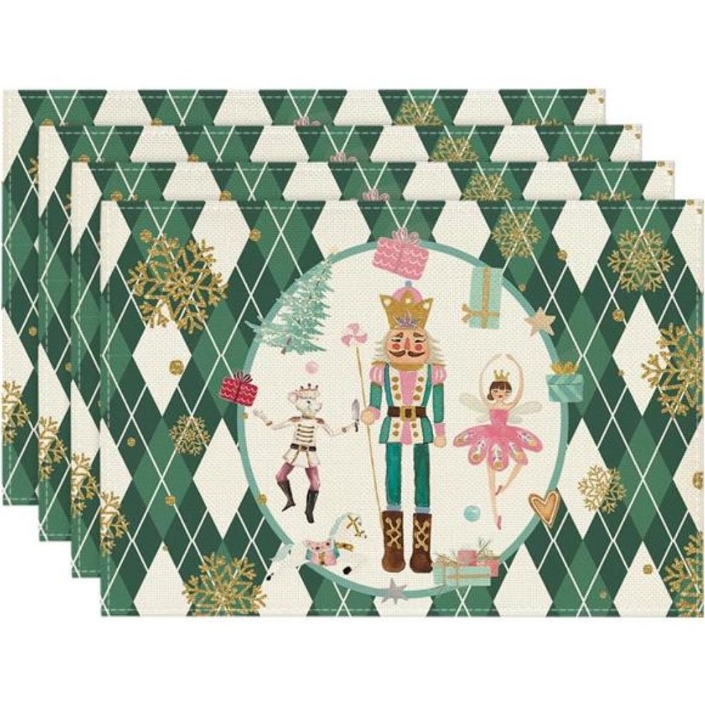 Nutcracker Placemats Christmas Decor Xmas Holiday Green Table Decorations Set 4
